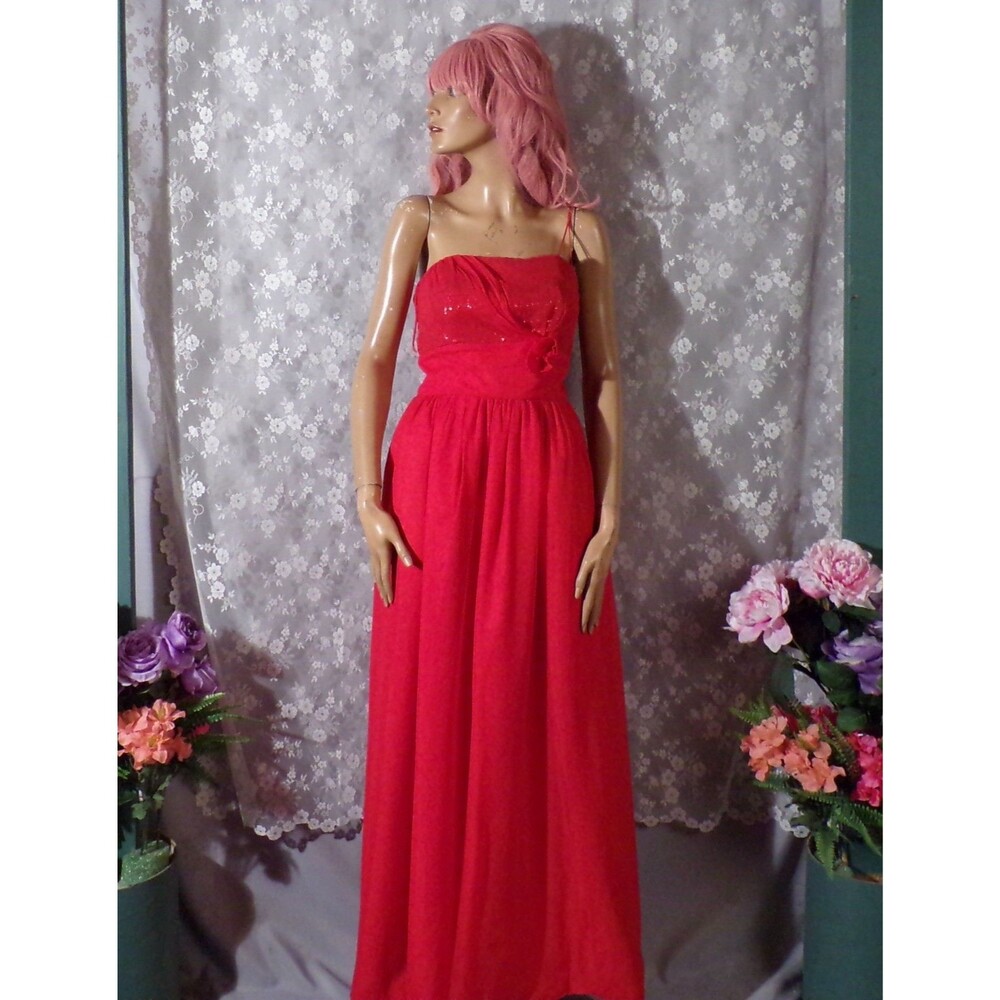 Vintage 60s Red Chiffon Sequin Gown Strapless Evening Dress Hollywood Glam XS